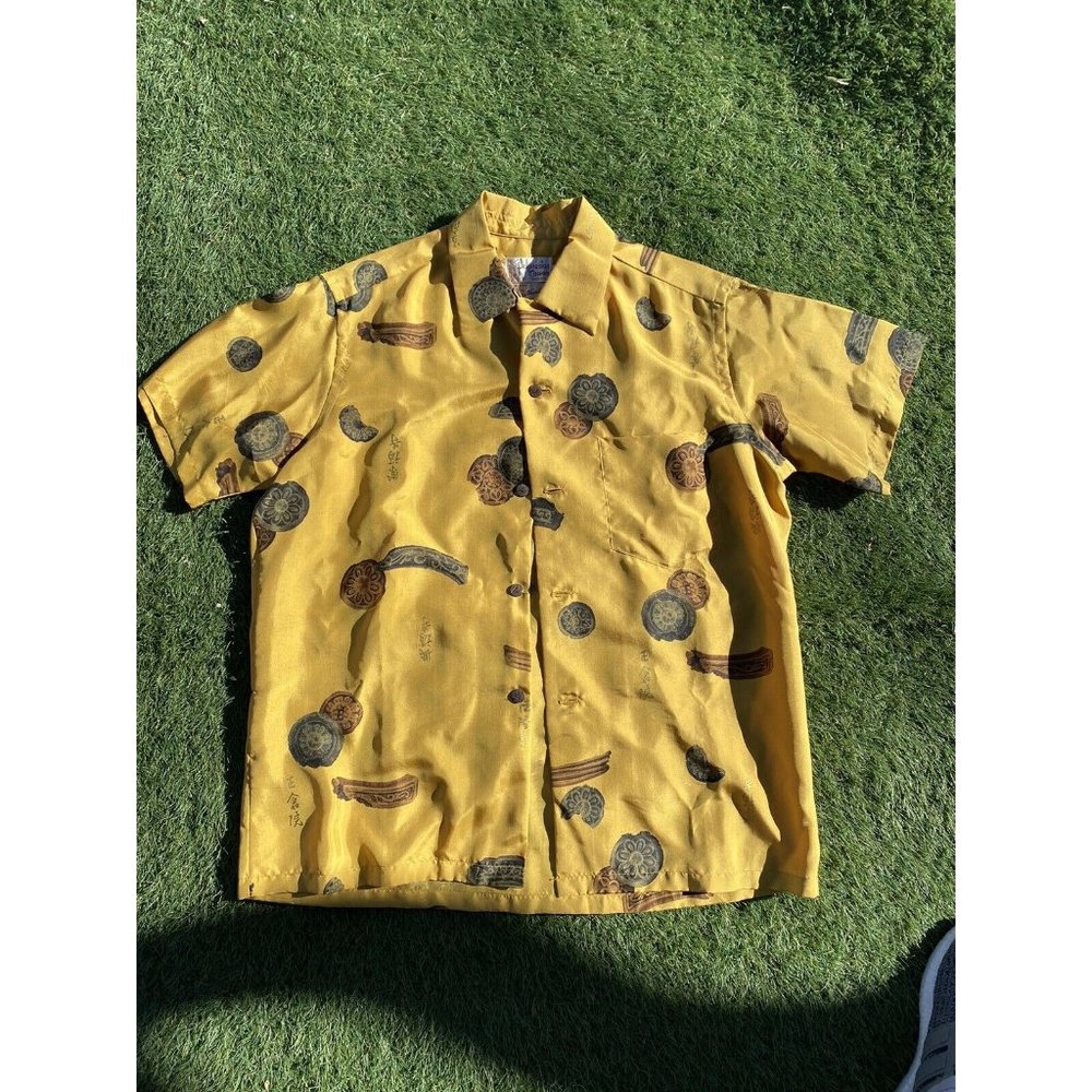 VTG 1960s ROSS SUTHERLAND Patchwork Mustard Asian Empower Hawaiian Camp Shirt M